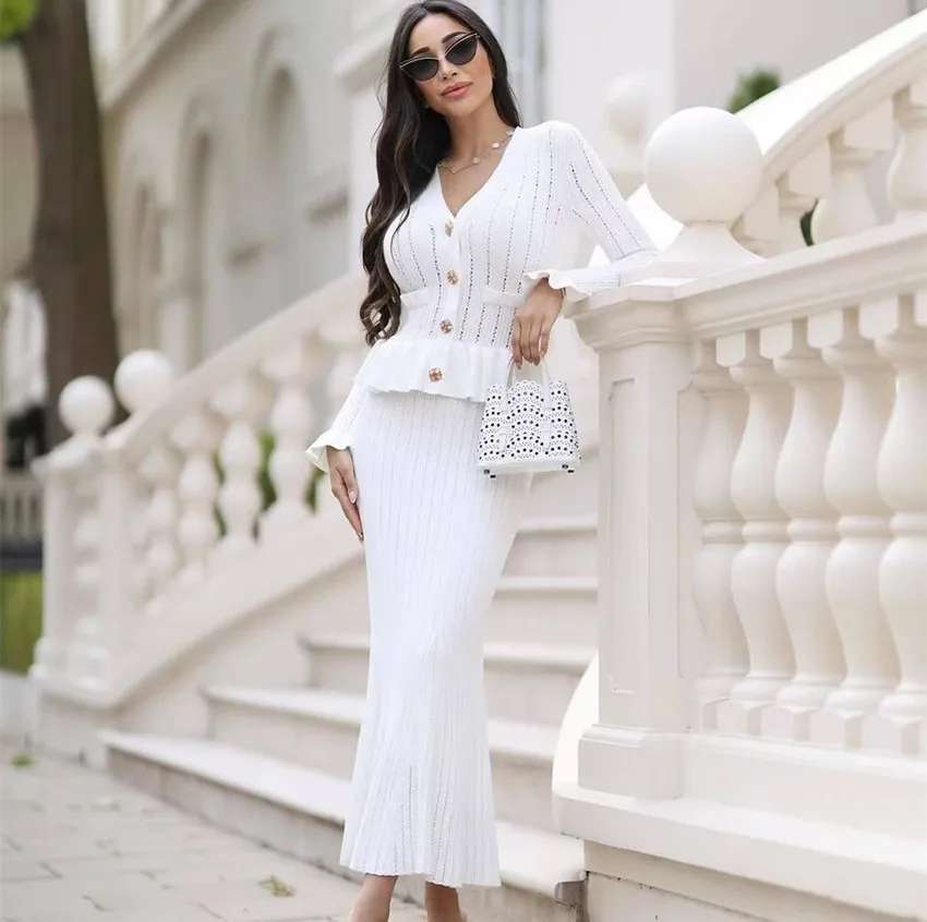 Runway Fall Winter Knitted 2 Piece Set New Women V Neck Beaded Buttons Flare Sleeve Hollow Out Cardigan +Midi Mermaid Skirt Suit