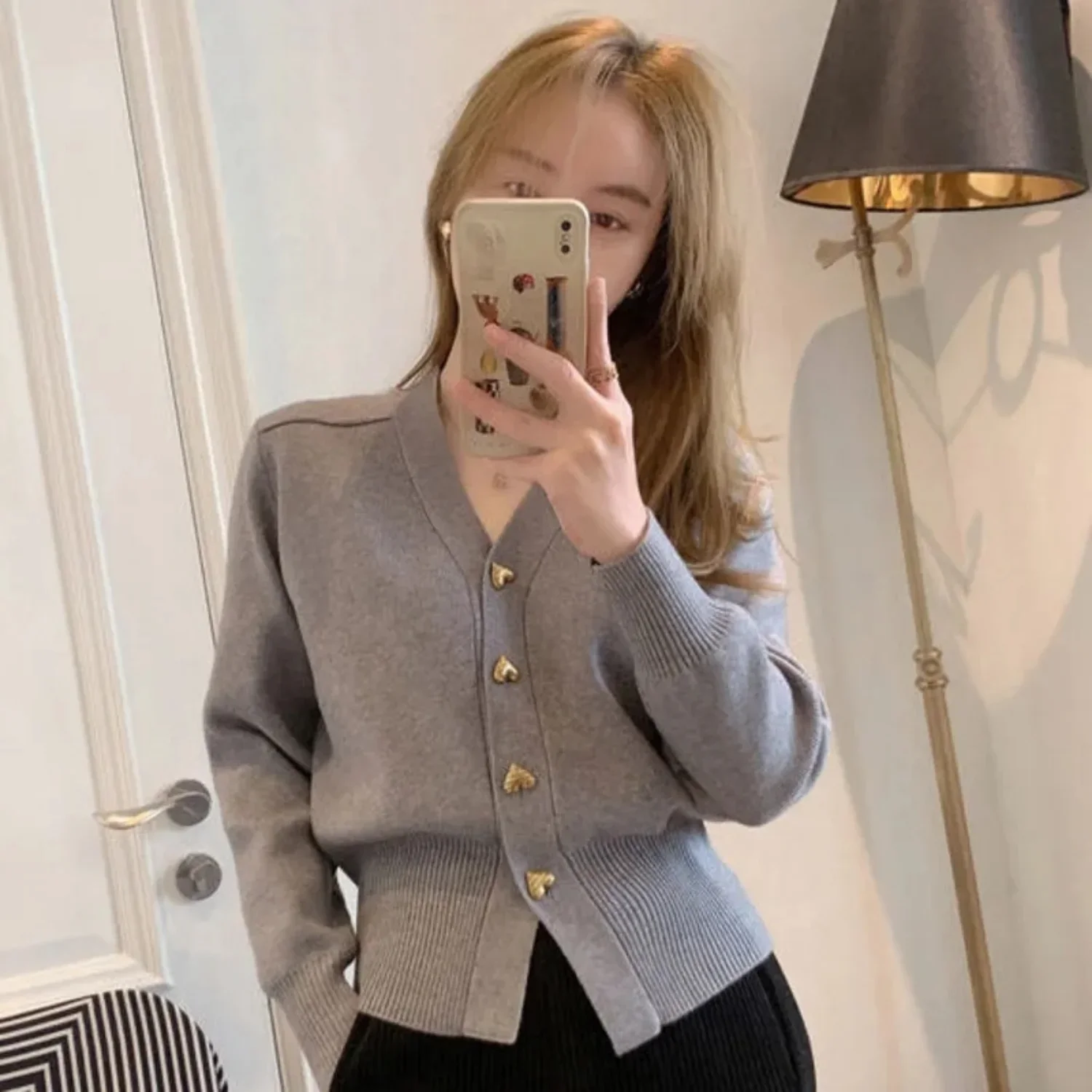 Long Sleeve V-Neck Knitted Cardigan Women Sweater Korean Fashion Coats Love Heart Buttons Spring Autumn Jacket Casual Tops