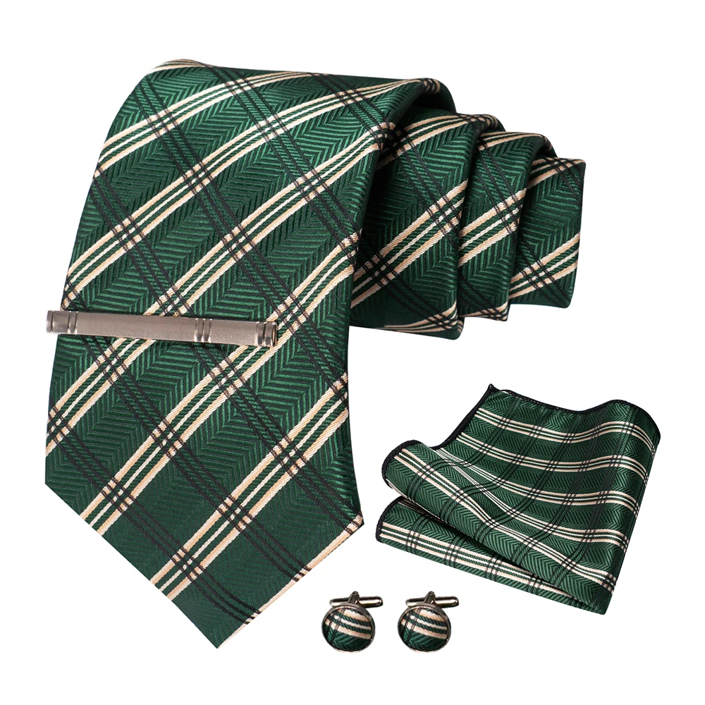 JEMYGINS Herren-Krawatte, grün, gestreift, Paisley-Krawatte für Hochzeiten, für Herren, Krawatte, Einstecktuch, Manschettenknöpfe, Set, Party, Business, Modedesigner – Detail 5