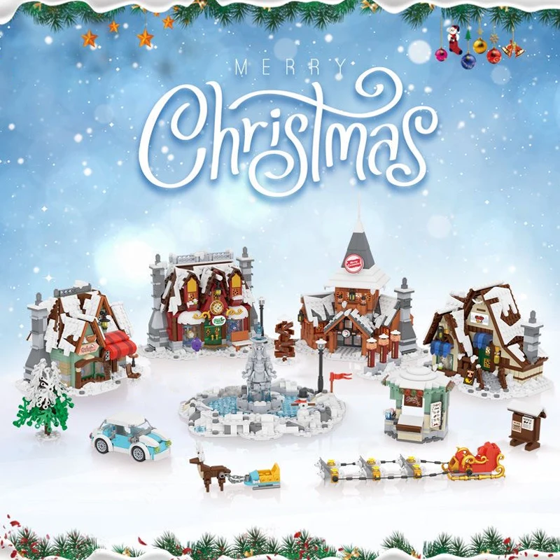 Loz Mini Street View Winter Town Santa Claus Home Building Block DIY Sled Shop Cake Shop Assembly Decor Toys Christmas Gifts