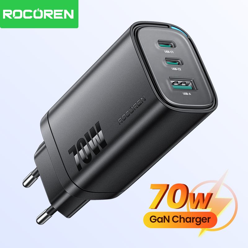  Rocoren 70W GaN Charger Portable USB Type C Fast Charging USB C Chager For iPhone 16 15 14 Pro Samsung MacBook Air Laptop Tablet 