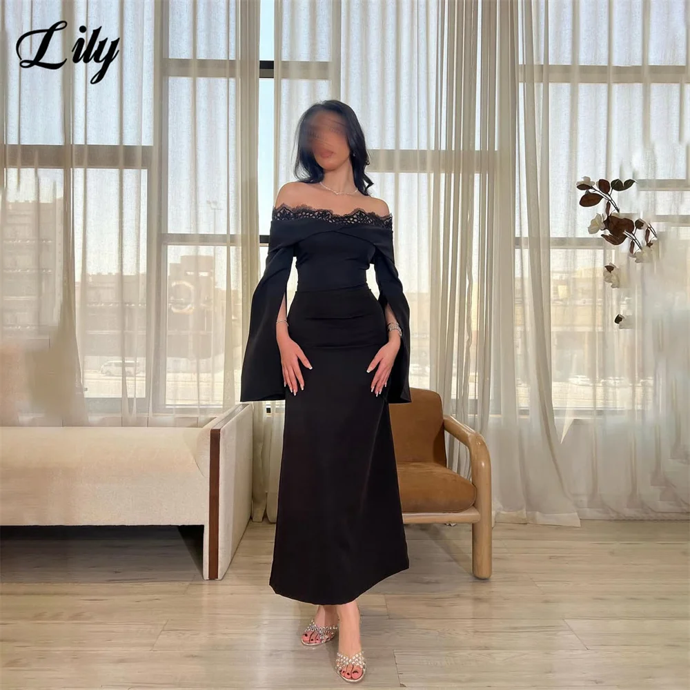 

Lily Black Party Dress Off Shoulder Lace On Chest Party Gown Long Sleeve Prom Gown فساتين مناسبة رسمية A Line C