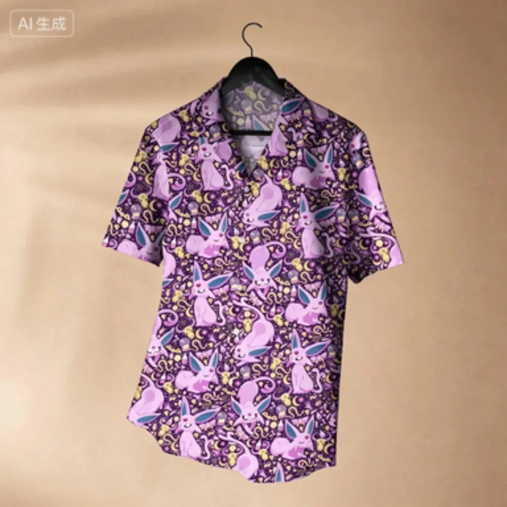 Dark Purple Magic Crystal Moon Sun Eevee Print Men's Lapel Loose Short Sleeved Shirt