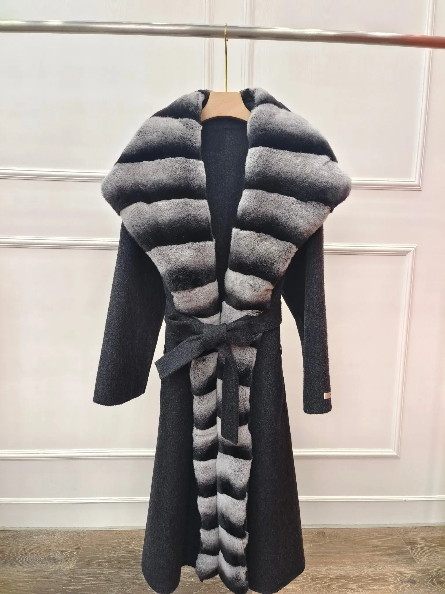 المرأة الطبيعية ريكس الأرنب الفراء الصوف يمزج سميكة الدافئة ملابس خارجية طويلة مع حزام عارضة الفراء الحقيقي هود معطف الشتاء سترة #3