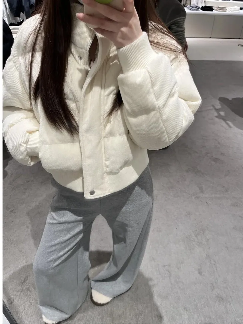 Korean Style Corduroy Short Cotton Jacket Women's Autumn Winter New Model Stand Collar Drawstring Sleeve Warm Top