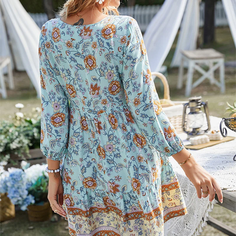 Mini abito estivo da donna con stampa floreale Boho Abito estivo da spiaggia a maniche lunghe con scollo a V vintage Abiti da vacanza larghi casual eleganti