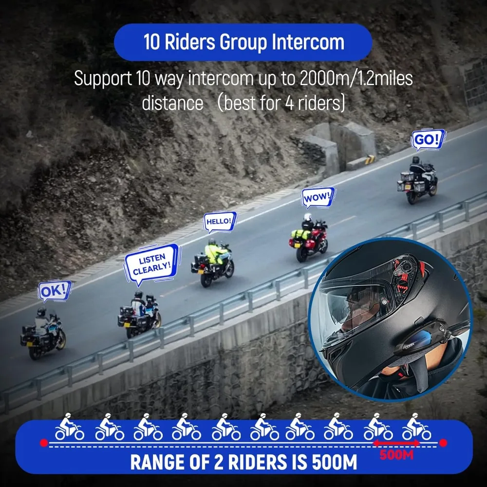 GTX Motorcycle Bluetooth Headset, 10 Riders Helmet Intercom Communication Systems, Support Audio Multitasking