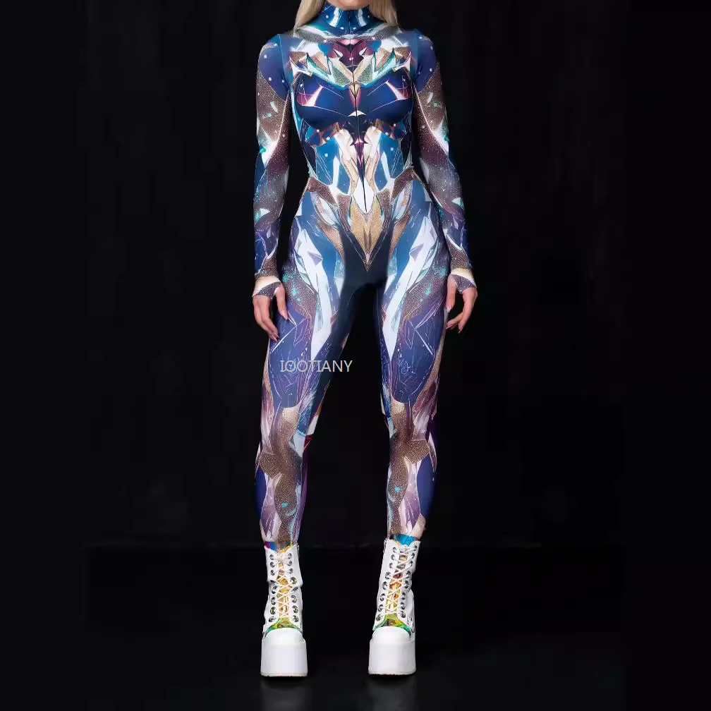 Women's Cyber Sexy Jumpsuit Cyberpunk Robot Zentai Costumes 3D Printed Fantazi Bodysuit Halloween Carnival Performance Catsuit