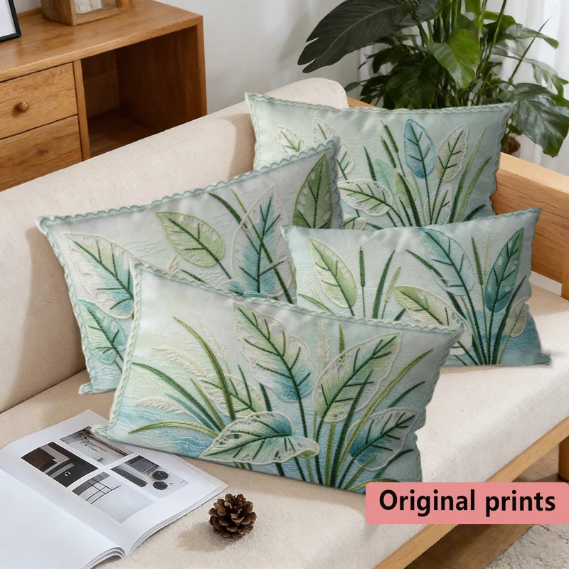 Tropical Leaf Embroidery Lumbar Pillow Covers Suitable For Sofa Bedroom Car Cushion Rectangular Back Cushion
