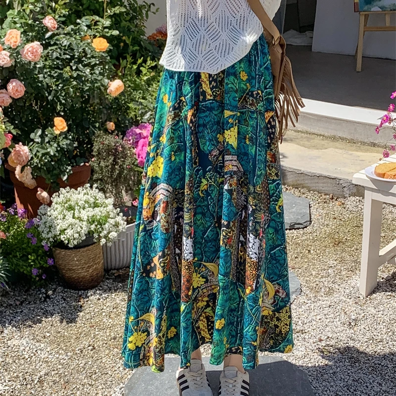 Summer Boho Skirt Women Vintage Casual Beach Long Skirt Bohemian Holiday Maxi Skirt Elastic High Waisted