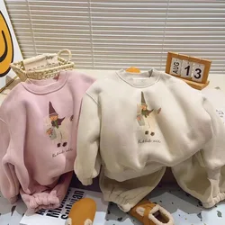 2pcs Kids Girls Fleece Sets Cartoon Print O-neck Pullover Hoodies+Elastic Waist Baggy Pants Two Pieces Children Winter Tarcksuit