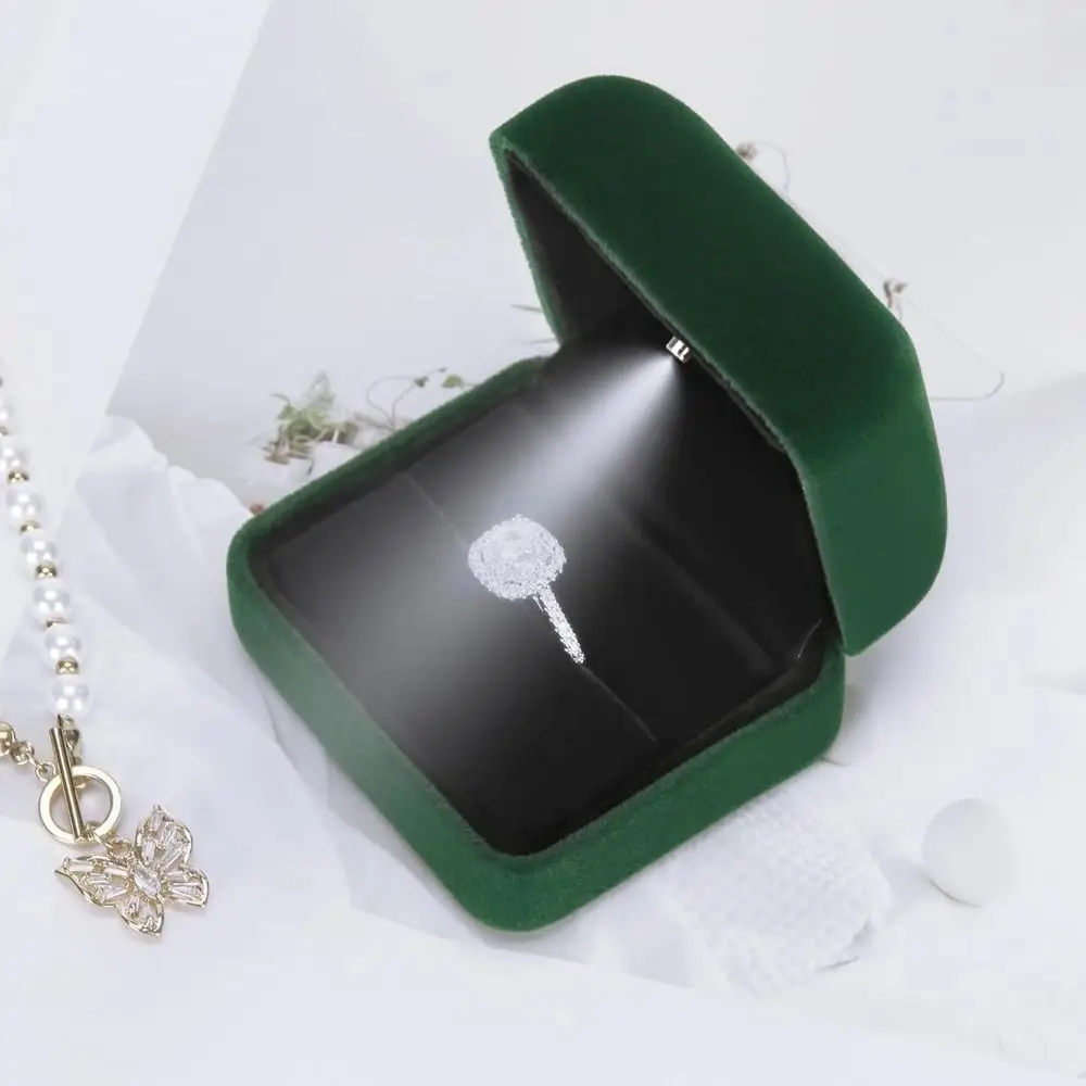 صندوق مجوهرات خاتم LED مخملي فاخر بلون سادة حامل خاتم محمول متين على شكل مربع صندوق منظم للمجوهرات الذكرى السنوية #4