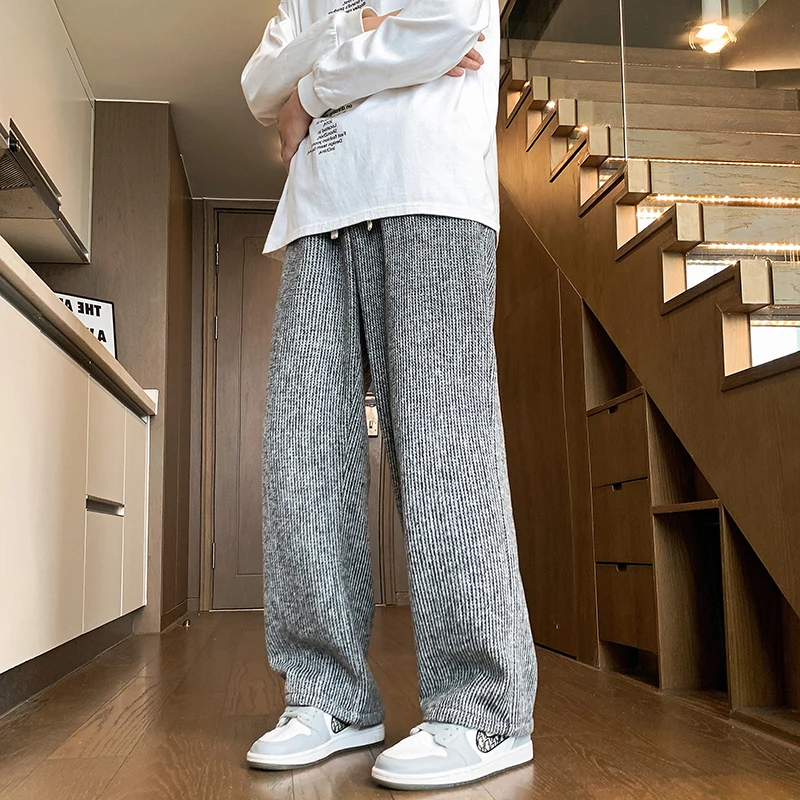 

Autumn Winter Men Woolen Casual Pants Drastring Waist Striped Long Loose Straight Trousers Plus Size Pants for man