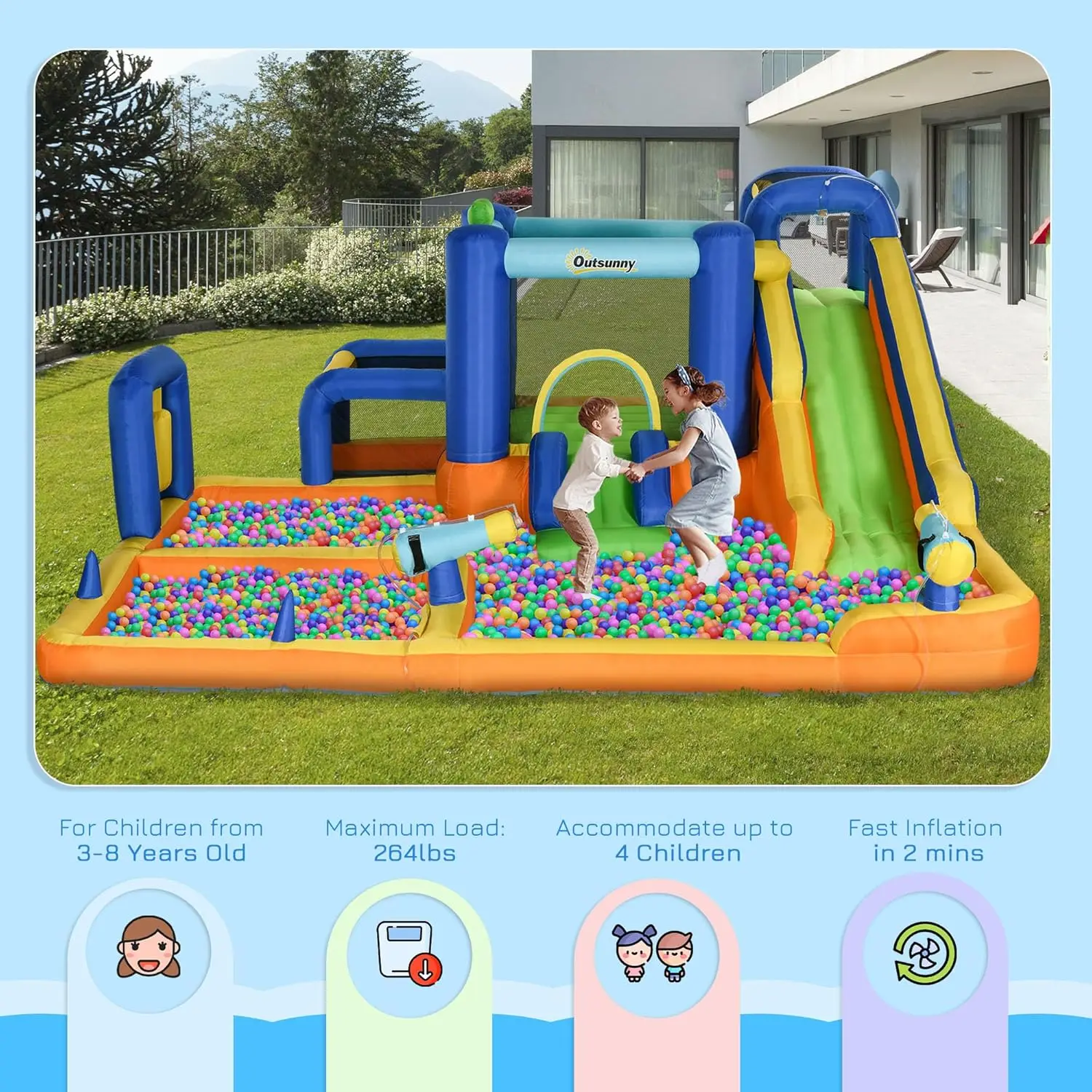 Nadmuchiwana zjeżdżalnia wodna dla dzieci 7 w 1 Bounce House Park wodny zamek do skakania z basen z wodą, zjeżdżalnią, bramka do piłki nożnej, obręcz do koszykówki,