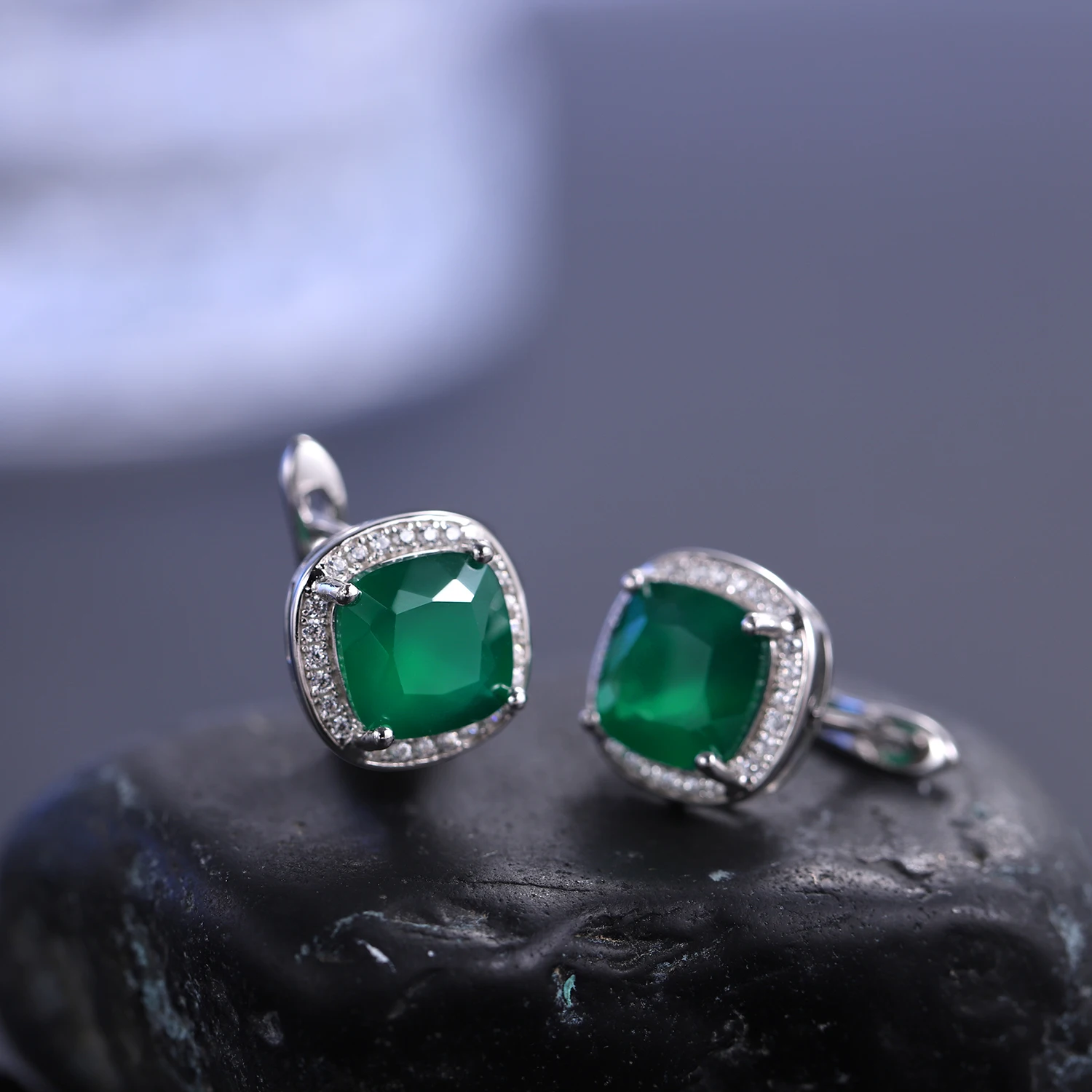 GEM\'S BALLET Natural Green Agate Stud Earrings Ring Pendant Set 925 Sterling Silver Natural Gemstone Fine Jewelry Set For Women
