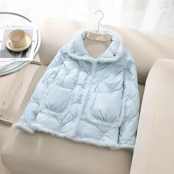 Chaqueta de plumón ligera y delgada bordada con pelo de visón para mujer, cuello de pie corto, chaqueta de Bolsillo grande, otoño e invierno, nuevo Lingge