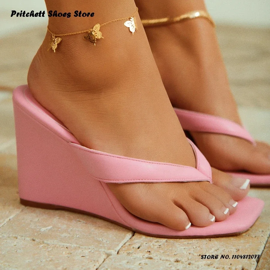 

Women's High Wedge Heel Leather Mules Square Toe Wedges Flip Flops Casual Shoes Outdoor Street Style Pull On Modern Slippers