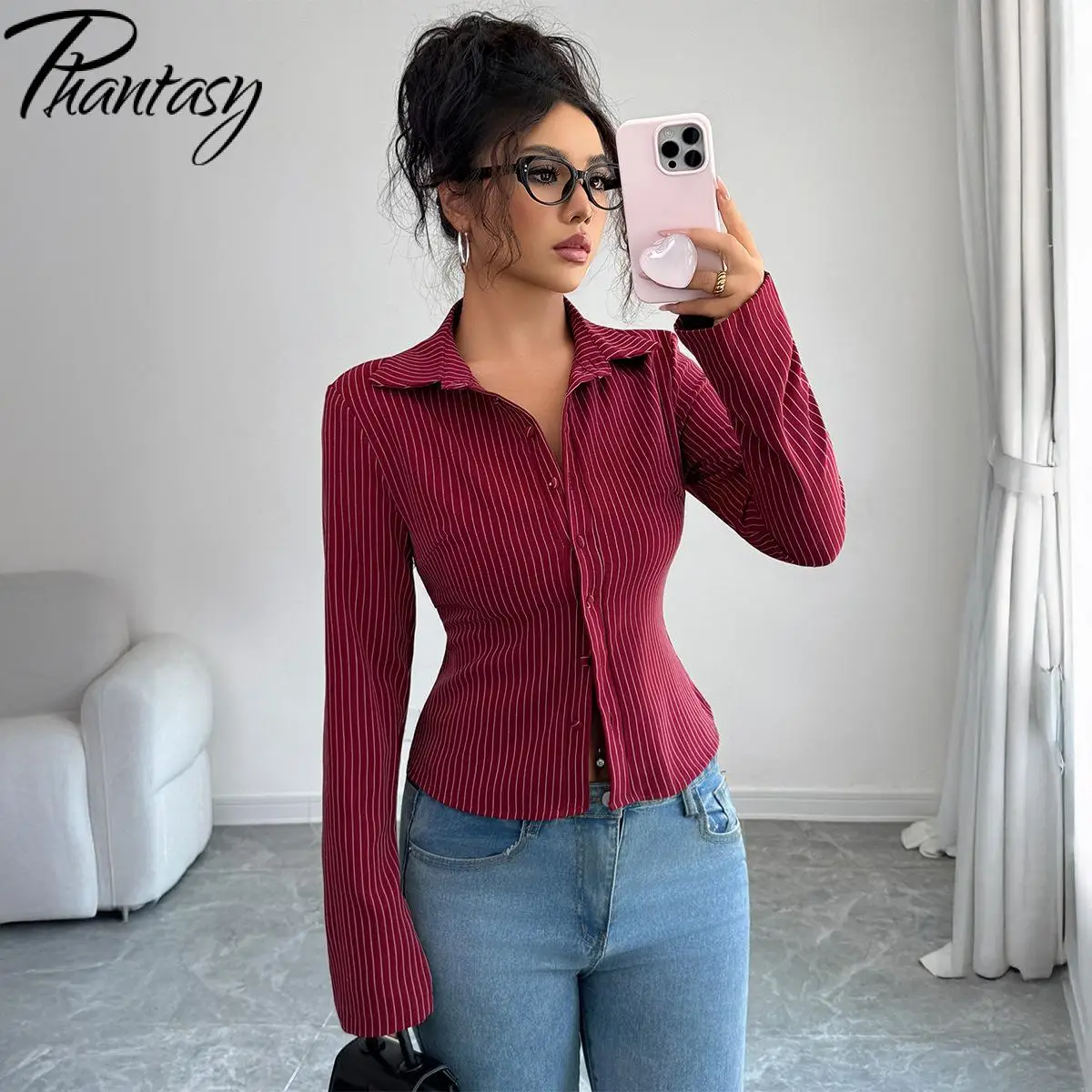 

Phantasy Women's Shirt Fashion Turn Down Collar Long Sleeve Striped Blouse Tops Office Lady Classic Blouse Tops Vintage Clothing
