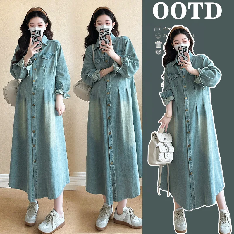 

2025 French-Korean Pregnancy Dress Autumn Denim Maxi Dress Photogenic Loose Fit Long Sleeve Maternity Outfit Stylish Comfort
