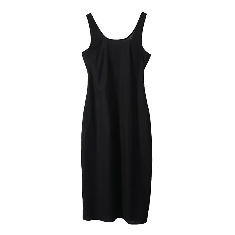 Elegant Black Sleeveless Slim Fit Midi Dress Women's Fashion Casual Straight Cut round Neck French Style Regenerated Polyester