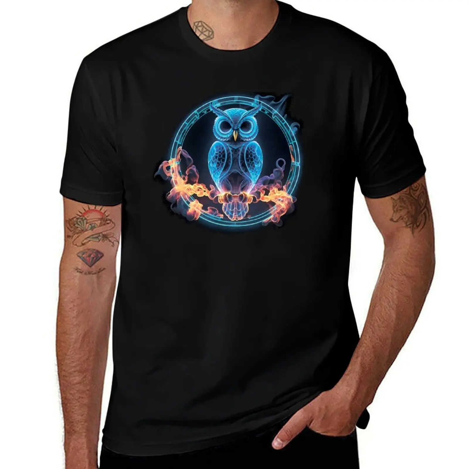 

Neon owl in a circle, in flames T-Shirt mens graphic t shirts t shirt for man 100 percent cotton T-Shirt