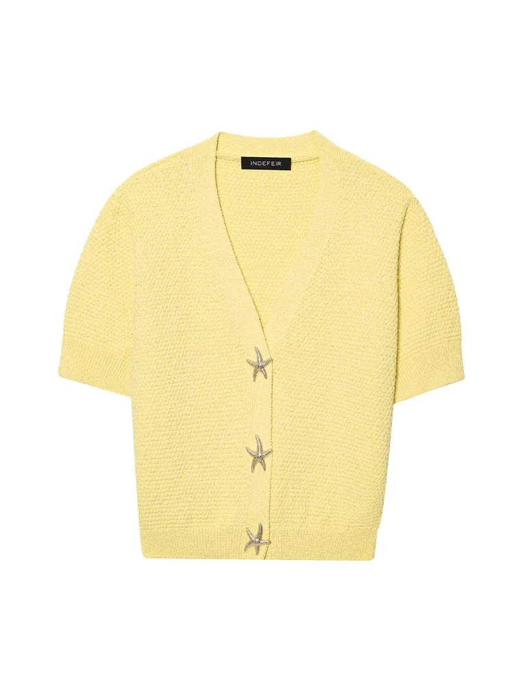 เสื้อครอปถักลายปลาดาวติดกระดุมแฟชั่นฤดูร้อนสำหรับผู้หญิง สไตล์เก๋ไก๋ คอวี แขนสั้น แจ็คเก็ตคาร์ดิแกน