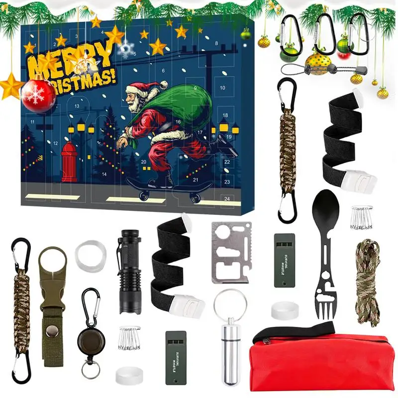 Survival Kit Christmas Countdown Advent Calendar Survival Tools With Parachute Cord Flashlight For Hiking Camping Fishing