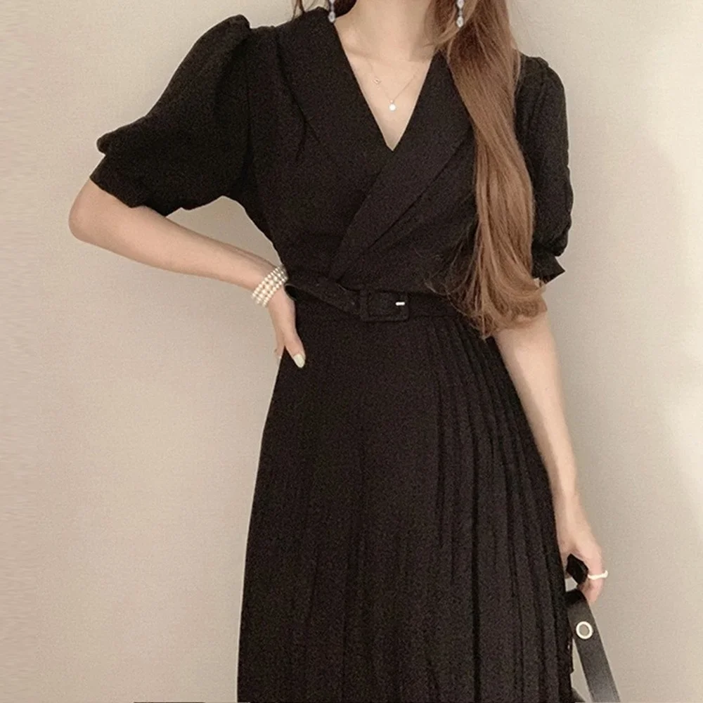 

Korean Version of Chic French Dress Elegant Suit Waist Tie Fashion Puff Sleeve Pleated with Belt Four Seasons Dresses Long