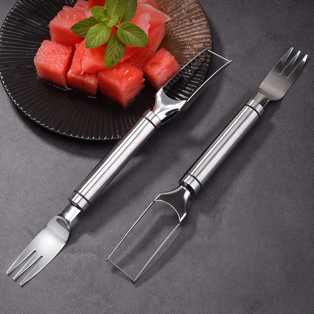 

2pcs Watermelon Cutting Knife Fork Set Stainless Steel Multifunctional Fruit Slicer Portable Melon Tool Household
