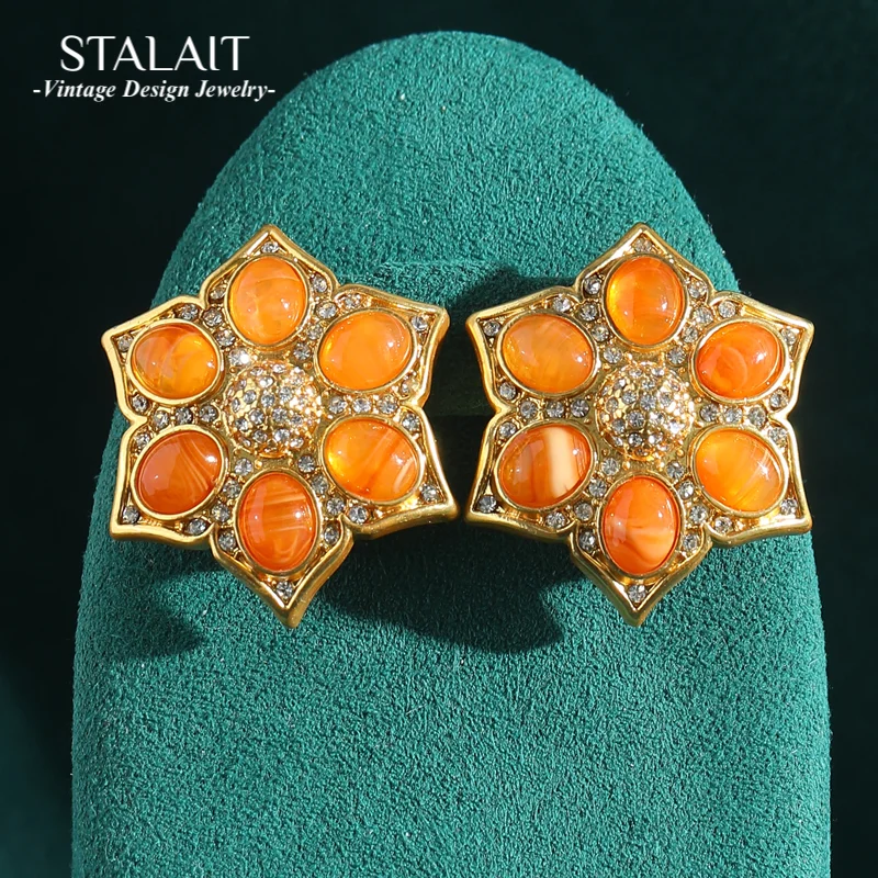 

Luxury Designer Large Snowflake Earrings Studs Orange Rhinestones Statement Gold Color Vintage Jewelry High Quality Accessories