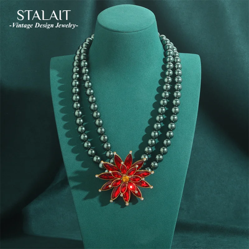 

Vintage Pearl Chokers Necklaces For Women Red Crystal Sunflower Black White Bridal Accessories Antique Gold Color Jewelry