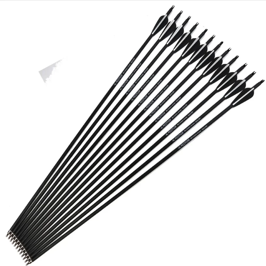 Nuevas Flechas de Carbono de 28"/30"/32" para Arquería, Spine 500, Puntas Intercambiables, Plumas de Plástico para Caza con Arco Compuesto