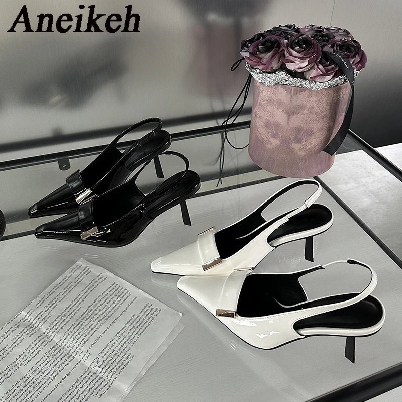 Aneikeh NEWShoes For Women Slingbacks tacchi alti tacchi estate scarpe a punta PU décolleté metallo Decoratio sandali donna poco profondo elegante