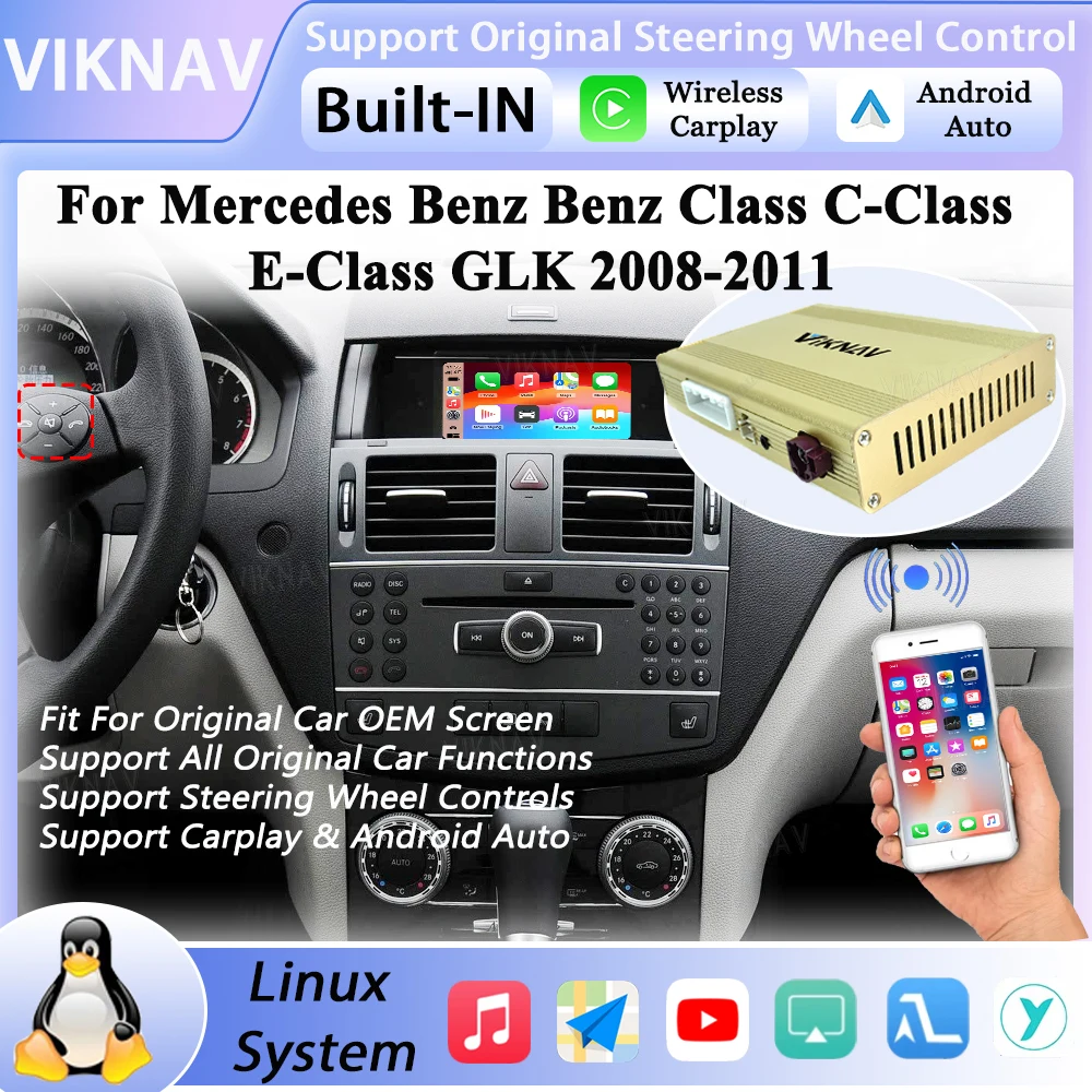 For Mercedes Benz C Class E Class GLK 2008-2011 OEM Car Screen Interface Upgrade Decoder Box Wireless CarPlay GPS Android Auto