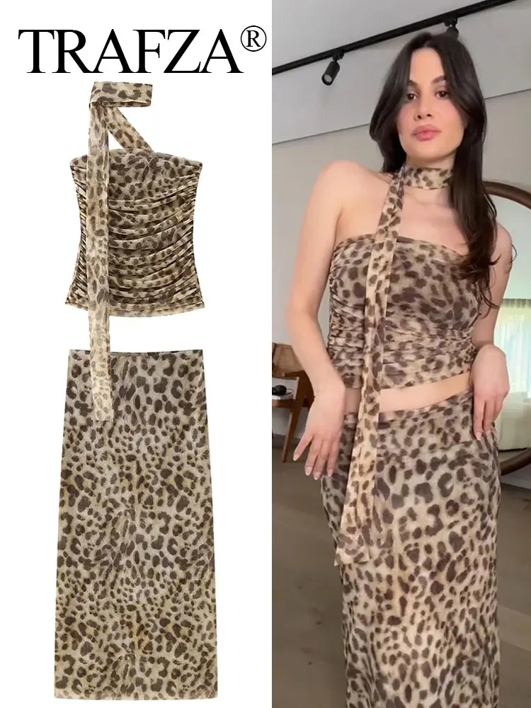 TRAFZA Women Vintage Leopard Print Skirt Sets Off Shoulder Tube Top + Slim Midi Skirt 2024 Summer Female Fashion Streetwear Suit