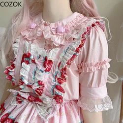 Japanese Mori Girl Lolita Blouse Sweet Peter Pan Collar Pink Candy Kawaii Princess JK Shirt Women Cute Ruffles Lace Blusas Mujer