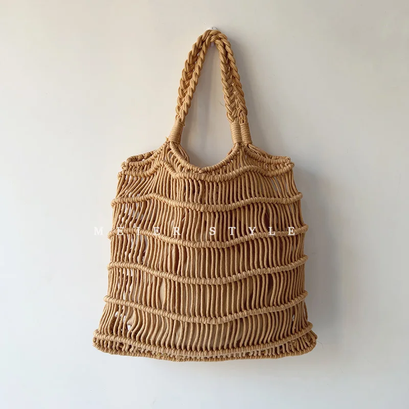 NEW Elegant Straw Woven Shoulder Hobo Purses Fishing Net Handmade Beach Travel Handbag 2022 Summer Shopper Grocery Bags