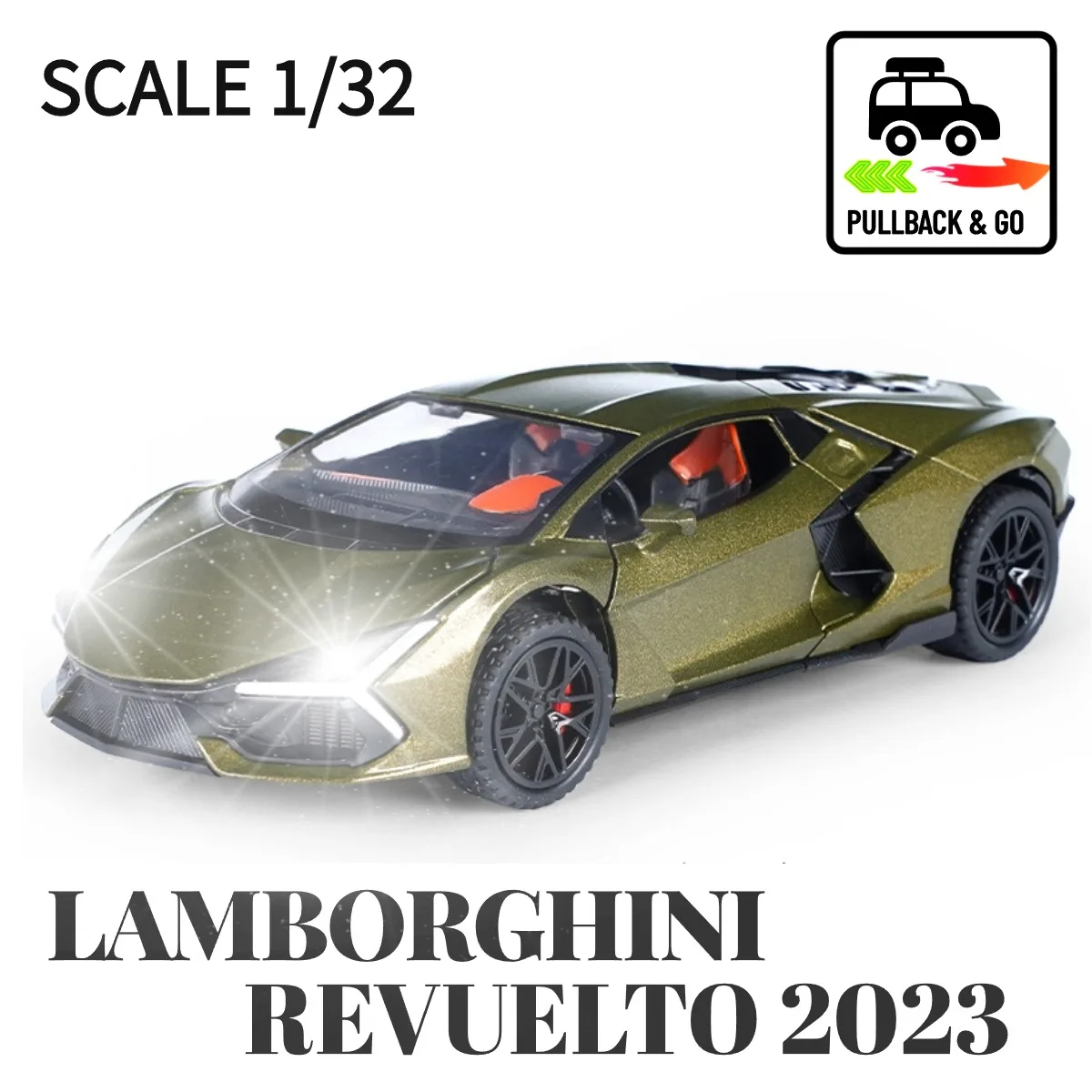 1:32 Lamborghini Revuelto 2023 Pullback Car with Lights Engine Sound, Nissan Diecast Car Model Scale Replica Gift Kid Boy Toy