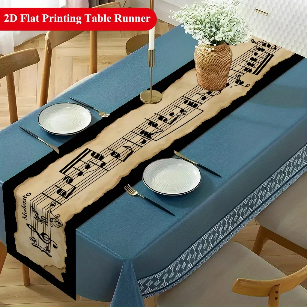 1 Stück Vintage Notenblatt-Tischläufer mit Musiksymbolen, Kunstvolle Tischdekoration für Esszimmer, Künstlerischer Stil, Restaurant, Couchtisch, Lange Tischdecke