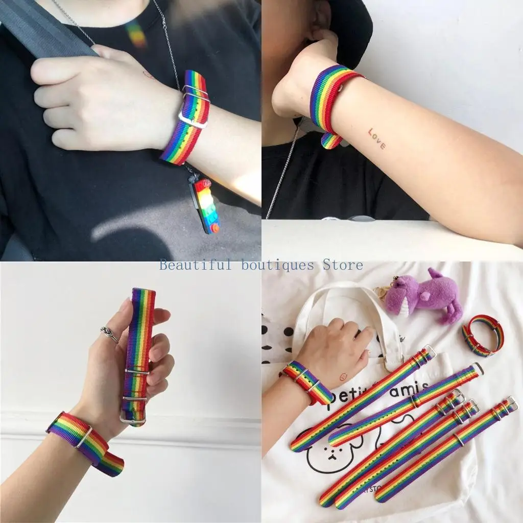 U4LF Rainbow Stripe Canvas Bracelet Nylon Watch Wristband Gifts for Friends Birthday
