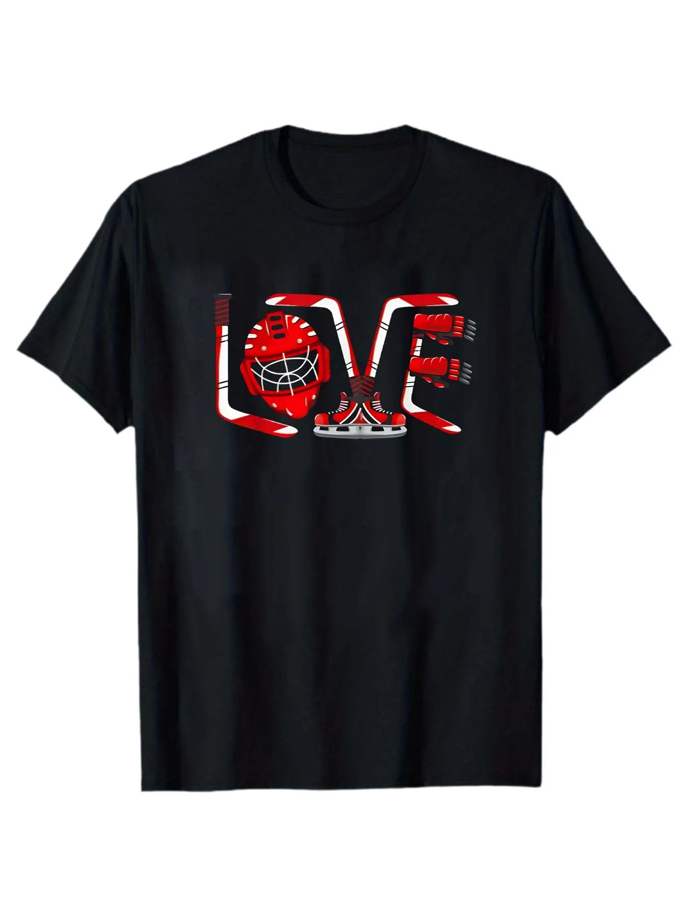 LOVE Letter Ice Hockey Element Print T-Shirt: Helmet Skate Sporty Style Unisex Casual Short-Sleeve