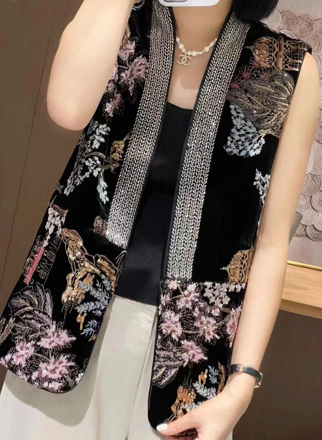 Autumn New Exclusive Design V-neck Exquisite Beading+Sequin Embroidered Silk +Velvet Fabric Women's Vest S-XXL