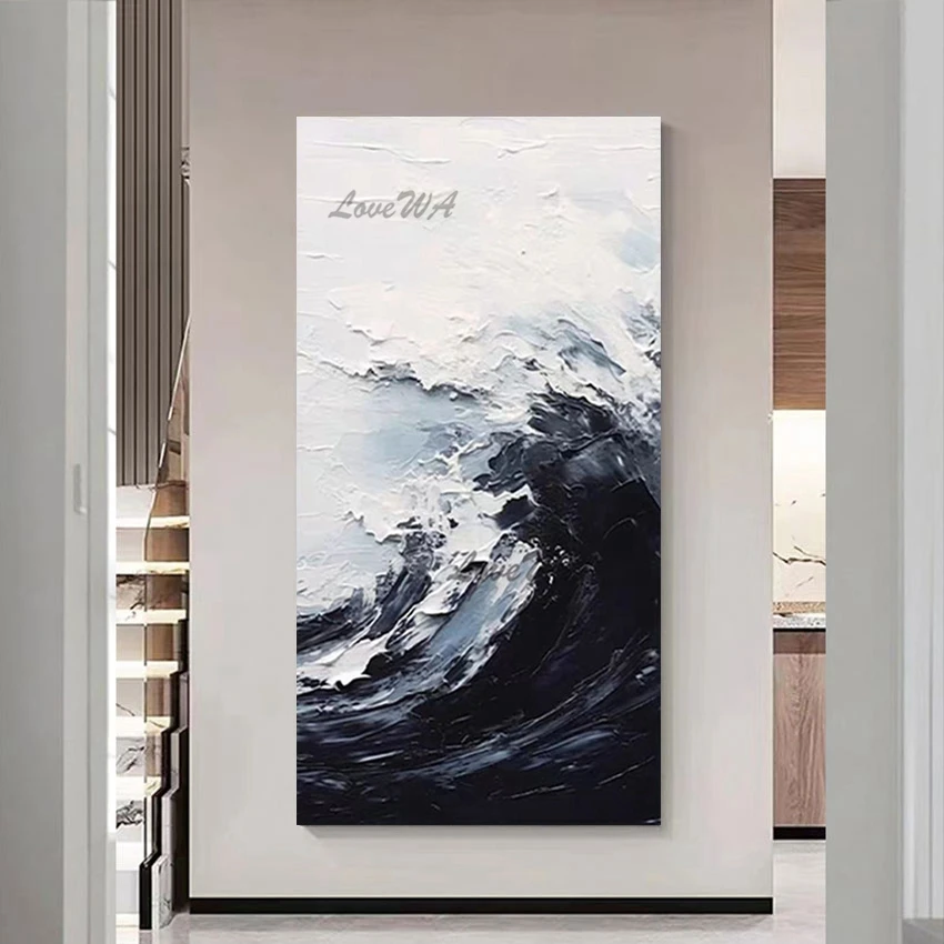 

Abstract Acrylic Black White Thick Textured Art Picture Sea Wave Canvas Handmade Painting Wall Decorations For Living Room