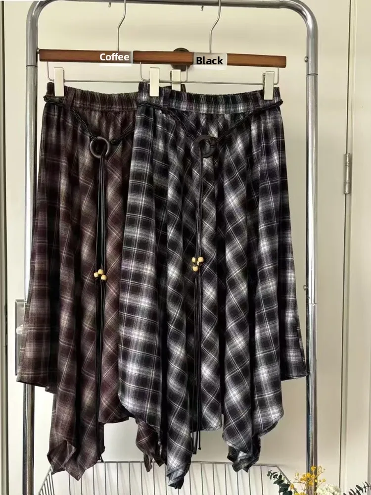 Fashionable Retro Plaid Asymmetrical High Waist Midi Skirt Women's Autumn Winter New Belted Full A-Line Skirt Long Skirt