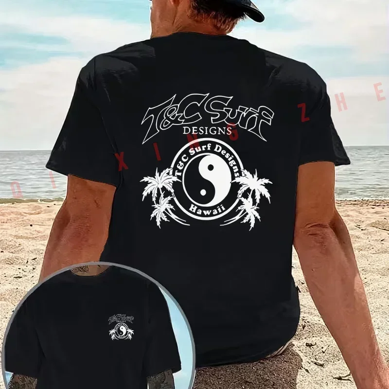 Yin Yang Tai Chi Palm Tree Surfing Style Motorcycle T-Shirt Cotton Double-Sided Print Men Short Sleeve Summer Casual Tops Tee