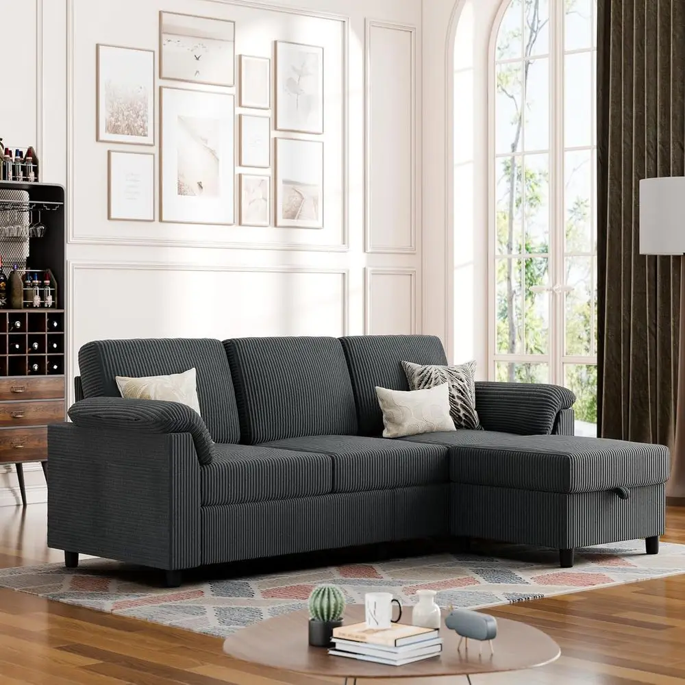 

3-Seat L-Shaped Sectional Sofa with Removable Pillows, Corduroy Fabric, Gray for Living Room or Office