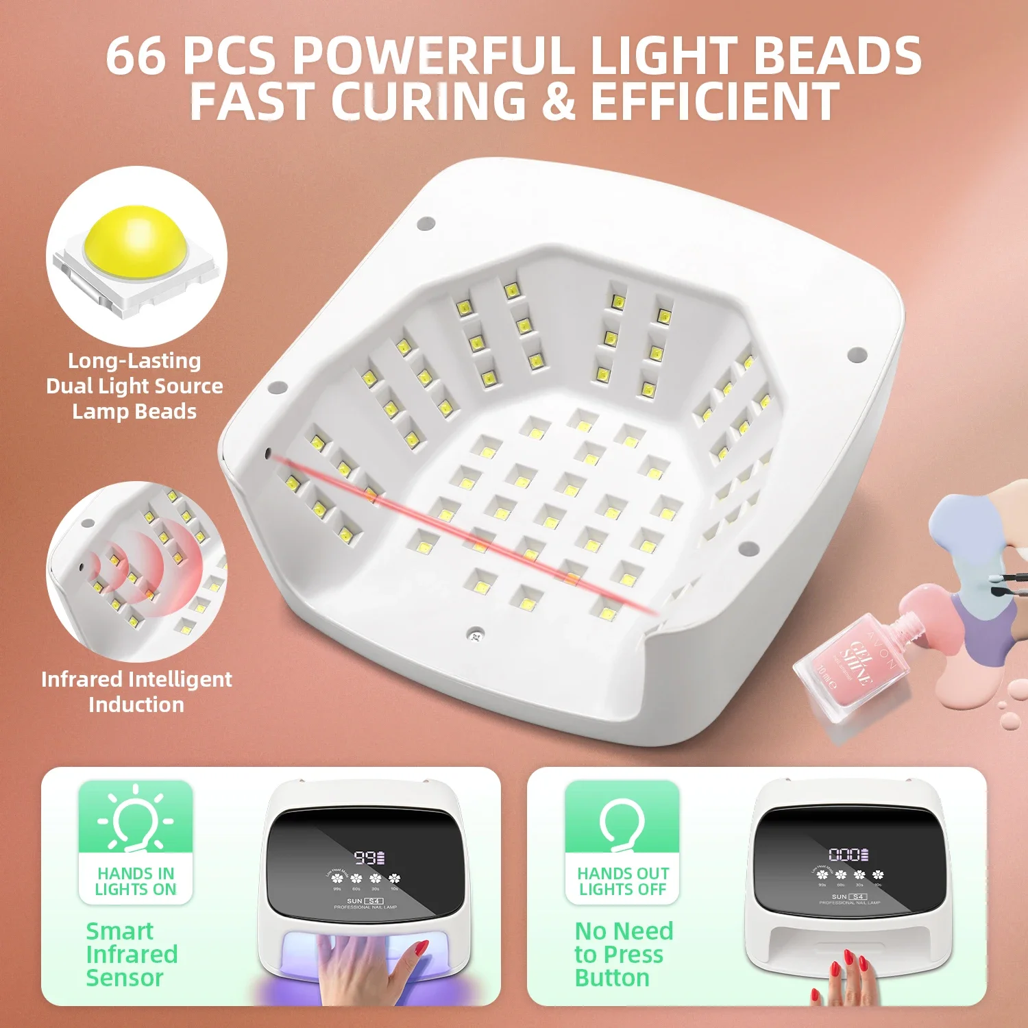 288 W UV-LED-Nagellampe, 66 LEDs, kabelloser Nageltrockner mit 4 Timer-Einstellungen, wiederaufladbare UV-Maniküre-Kabinenlampe, Nagelkunstwerkzeuge