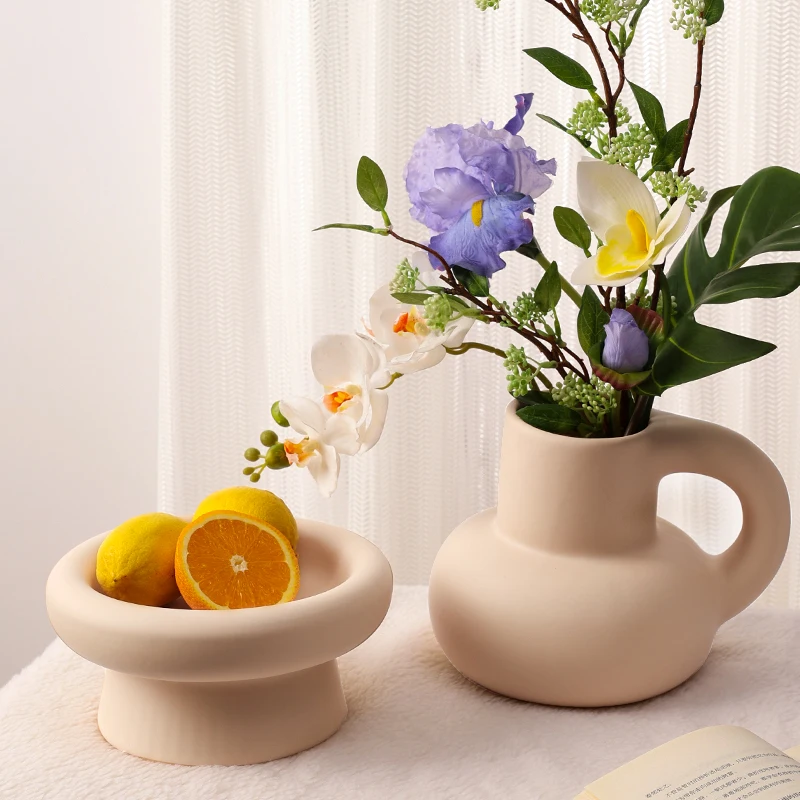 Cream Cute Ceramic Vase Decoration Living Room Flower Arrangement Desktop Coffee Table Pot Belly Flower Pot with Flower Art