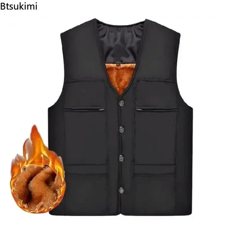 Men's Thick Cotton Cardigan Vest Keep Warm Windproof Top Jacket Middle-aged Men Winter Plus Velvet Vest Loose Sleeveless Coat