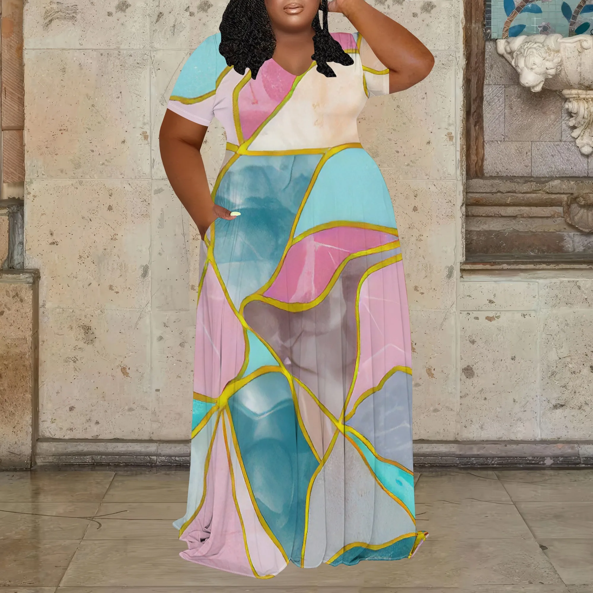 プラスサイズ レディース 夏 3D ファッション プリント ワンピース 半袖 Vネック マキシワンピース (ポケット付き)